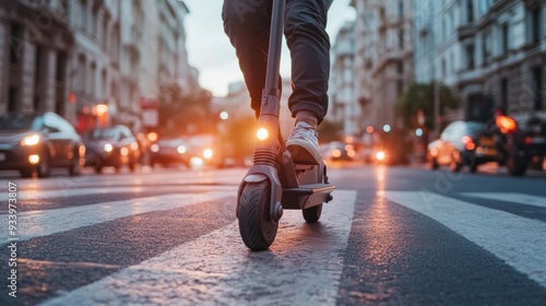 Person on E-Scooter riding on City Street