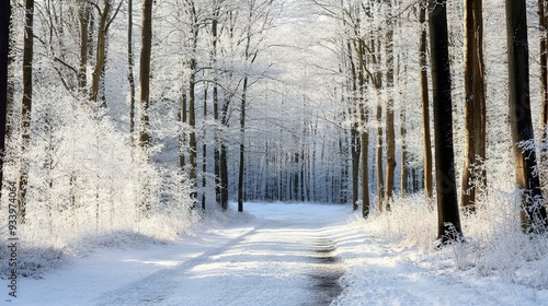 A tranquil winter landscape with a snowy pathway surrounded by frost-covered trees in a serene forest during daylight hours