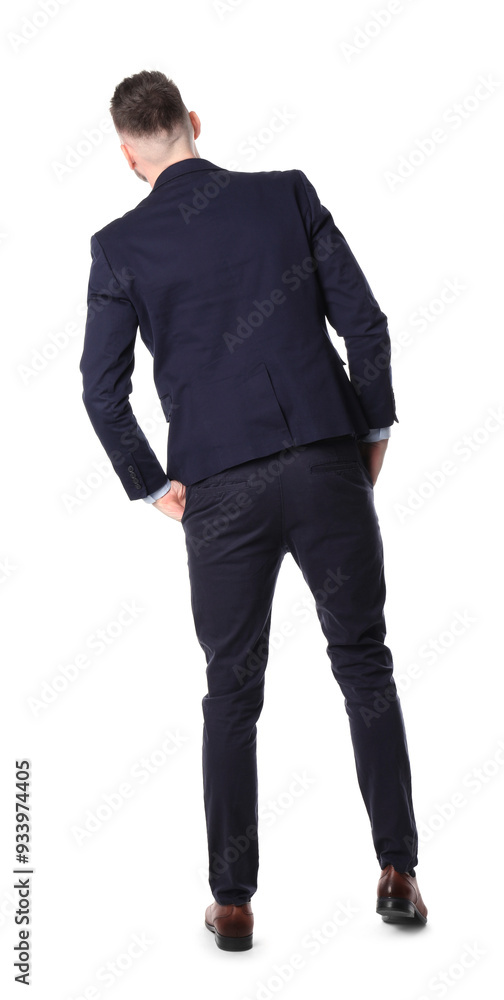 Man standing in queue on white background, back view Man standing in queue on white background, back view