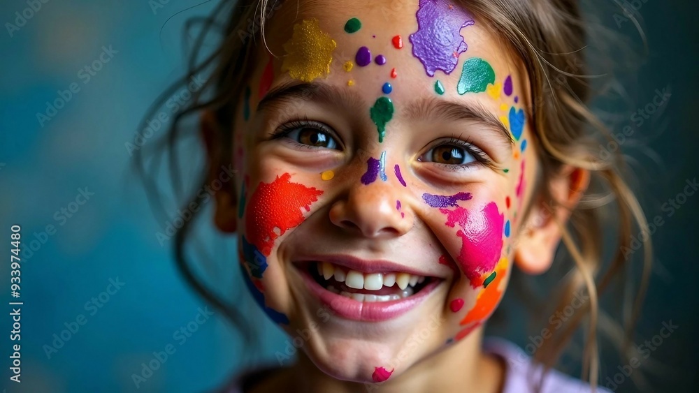 A portrait of a girl with a painted face, where a radiant smile shines through a playful explosion of vibrant colors, capturing pure childhood joy A portrait of a girl with a painted face, where a radiant smile shines through a playful explosion of vibrant colors, capturing pure childhood joy