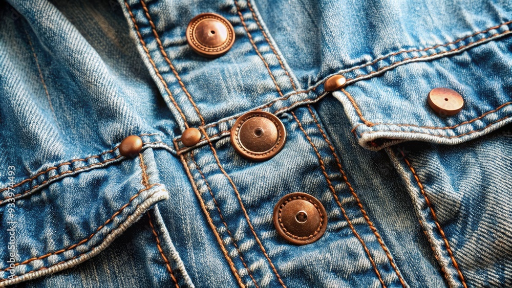 Faded and worn denim jacket with frayed edges and copper buttons, viewed up close, showcasing the texture and intricate stitching of the fabric. Faded and worn denim jacket with frayed edges and copper buttons, viewed up close, showcasing the texture and intricate stitching of the fabric.