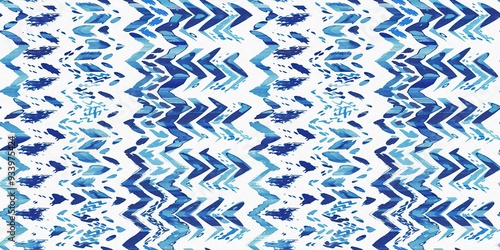 Summery ikat zig zag border pattern in painterly brushstroke digital design. Modern coastal living printed textile decor in seamless banner tape template. photo