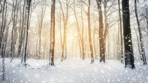 A serene winter landscape featuring snow-covered trees in a forest at sunrise, gently illuminated by soft light as snowflakes fall gracefully