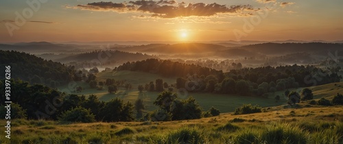 Panoramic landscape with sunrise over forest and meadow in serene countryside. photo