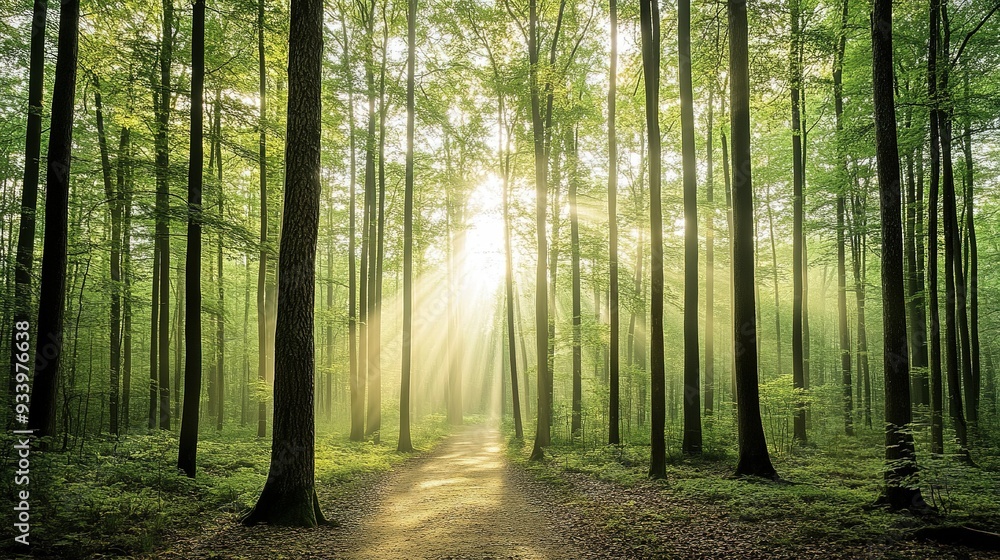 Naklejka premium Sunlight filters through a lush forest canopy on a serene path during early morning hours, creating a peaceful atmosphere in nature