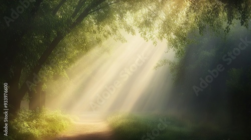 Sunlight breaks through lush canopy in a serene forest, creating a magical pathway during early morning hours