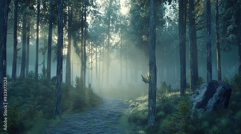 Obraz premium A serene forest path in early morning light, surrounded by tall trees and mist, creating a tranquil atmosphere immersed in nature's beauty