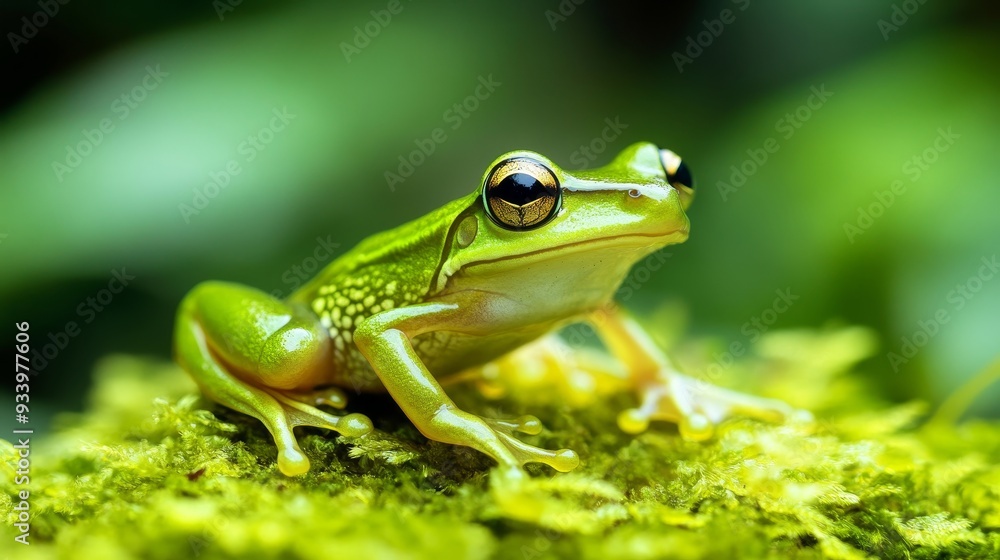 Charming and adorable, a tiny, vibrantly green juvenile frog makes a captivating companion. Charming and adorable, a tiny, vibrantly green juvenile frog makes a captivating companion.