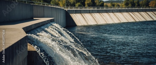 A concrete dam with water flowing over it. photo