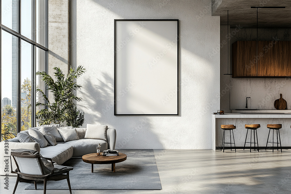Empty poster frame on a white wall in a modern kitchen interior with barstools and a large window Empty poster frame on a white wall in a modern kitchen interior with barstools and a large window