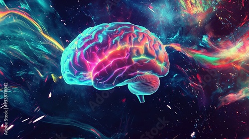 A vibrant, colorful brain floats amidst a cosmic galaxy filled with swirling nebulae and stars, representing the intersection of neuroscience and the universe at night