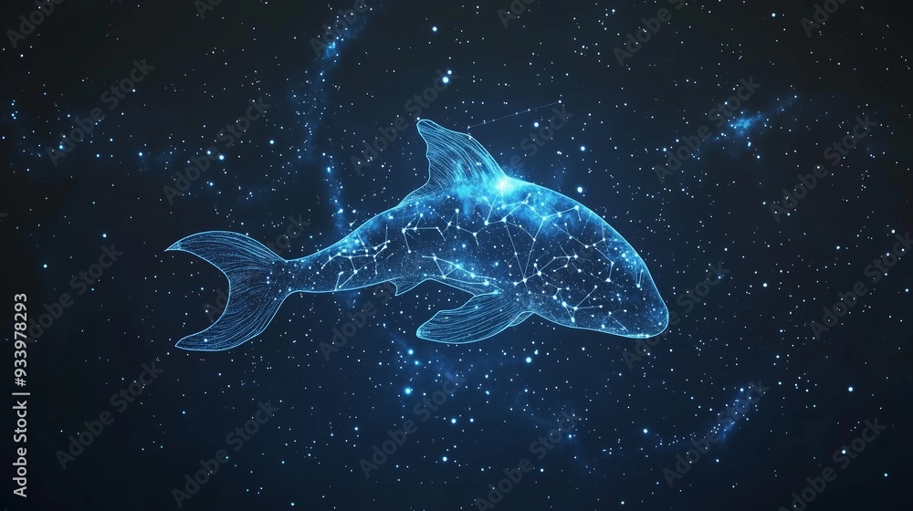 A glowing digital fish with constellations swimming through a starry cosmos at night A glowing digital fish with constellations swimming through a starry cosmos at night