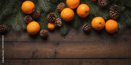 Christmas spirit background Fresh oranges tangerines pine branches and cones Natural decorations vintage wooden boards flat lay copyspace top view.