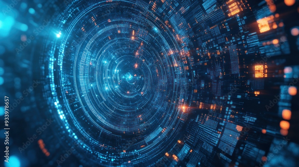Abstract Digital Tunnel with Glowing Blue and Orange Lights Abstract Digital Tunnel with Glowing Blue and Orange Lights
