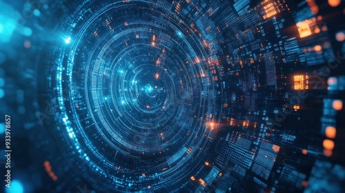 Wallpaper Mural Abstract Digital Tunnel with Glowing Blue and Orange Lights Torontodigital.ca