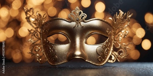 Golden glitter mask with bokeh background. photo