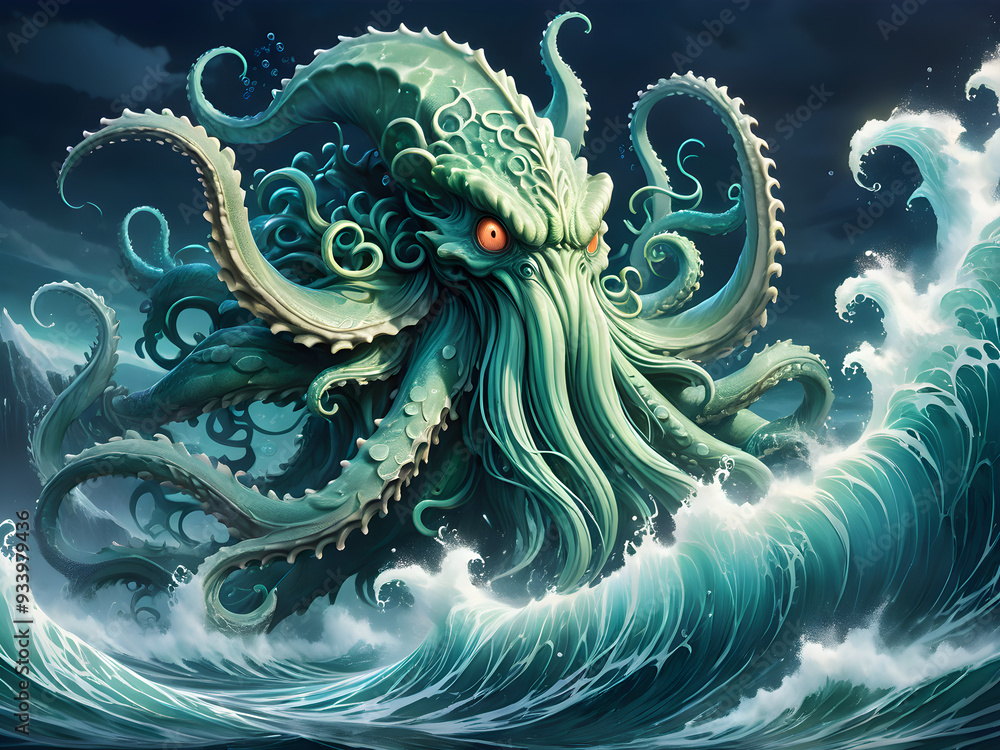 The kraken, a demonic monster in the middle of the ocean, eats a large squid and hunts ships with stormy waves. The kraken, a demonic monster in the middle of the ocean, eats a large squid and hunts ships with stormy waves.