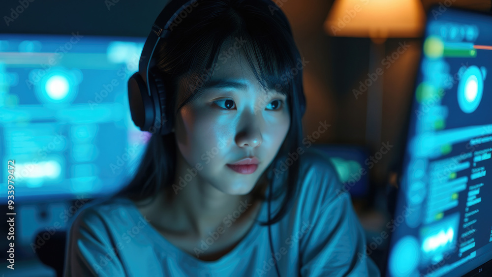A professional woman with headphones is engaged in work within a high-tech environment filled with multiple screens, data, and technological interfaces, indicating focus and innovation. A professional woman with headphones is engaged in work within a high-tech environment filled with multiple screens, data, and technological interfaces, indicating focus and innovation.