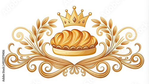 Whimsical illustration of a vintage-style bakery logo featuring a golden pastry crown, swirly fonts, and ornate details on a creamy white background. photo