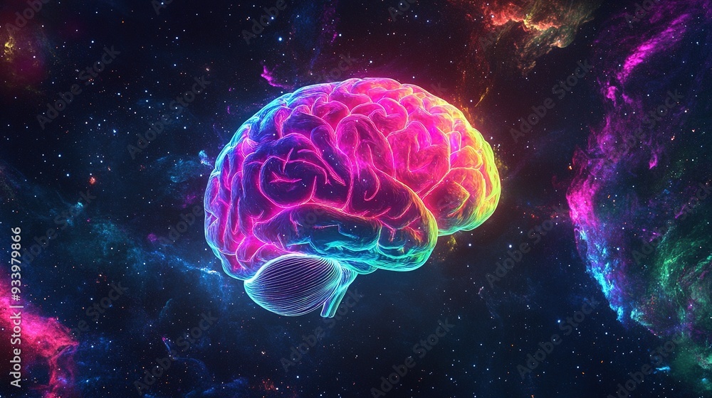 A vibrant, glowing brain illustration set against a stunning cosmic background showcasing a blend of colors and patterns, symbolizing creativity and intelligence in the universe A vibrant, glowing brain illustration set against a stunning cosmic background showcasing a blend of colors and patterns, symbolizing creativity and intelligence in the universe