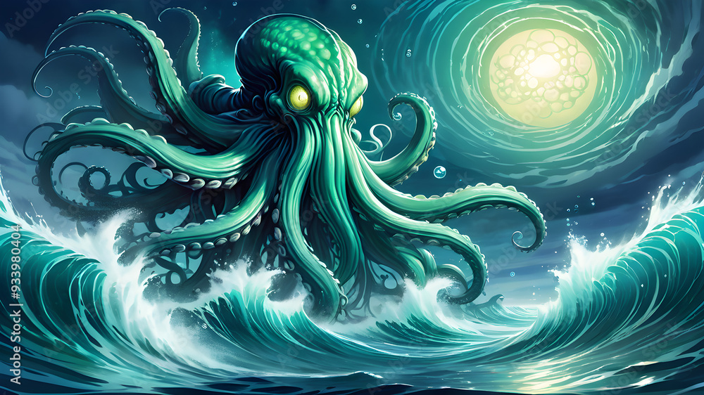 The kraken, a demonic monster in the middle of the ocean, eats a large squid and hunts ships with stormy waves. The kraken, a demonic monster in the middle of the ocean, eats a large squid and hunts ships with stormy waves.