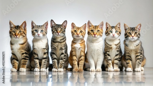 Whimsical row of adorable cats sitting in a straight line on a sleek white floor, each one showcasing unique personalities and curious expressions. photo