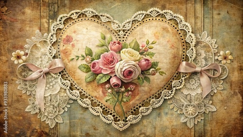 Whimsical vintage illustration of a heart adorned with florals, lace, and ribbons, surrounded by ornate filigree and distressed textures, evoking nostalgia and romance.
