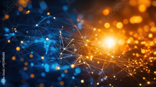 Abstract polygonal background with low-poly design and glowing dots in dark blue, orange, colors. Big data concept in a futuristic