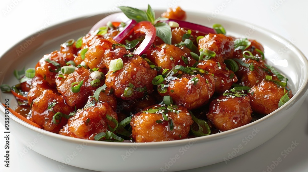 chicken manchurian flying with sauce on white background chicken manchurian flying with sauce on white background