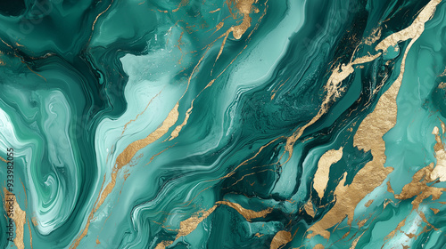 Liquid Marble Green Gold Turquoise Background. Cool Watercolor, Acrylic Painting with Stone Design. Liquid Marble Gold Green Turquoise Luxurious Decoration. Digital Fluid Paint Brush Glitter Drop. photo