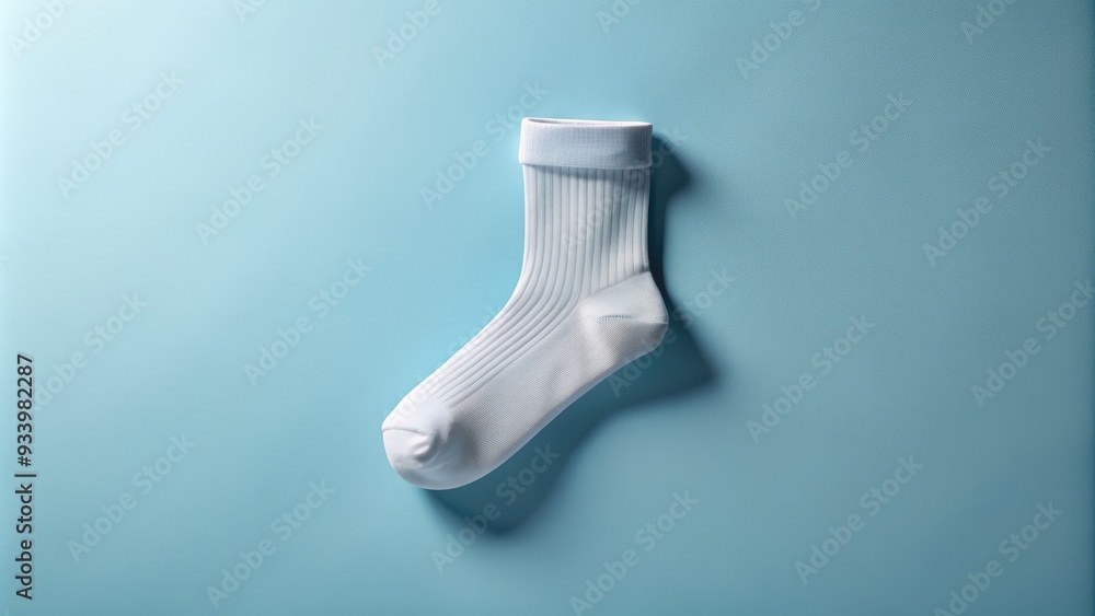 White empty outline of a sock on a pale blue background, waiting for customization, with a subtle shadow effect adding depth and realism. White empty outline of a sock on a pale blue background, waiting for customization, with a subtle shadow effect adding depth and realism.