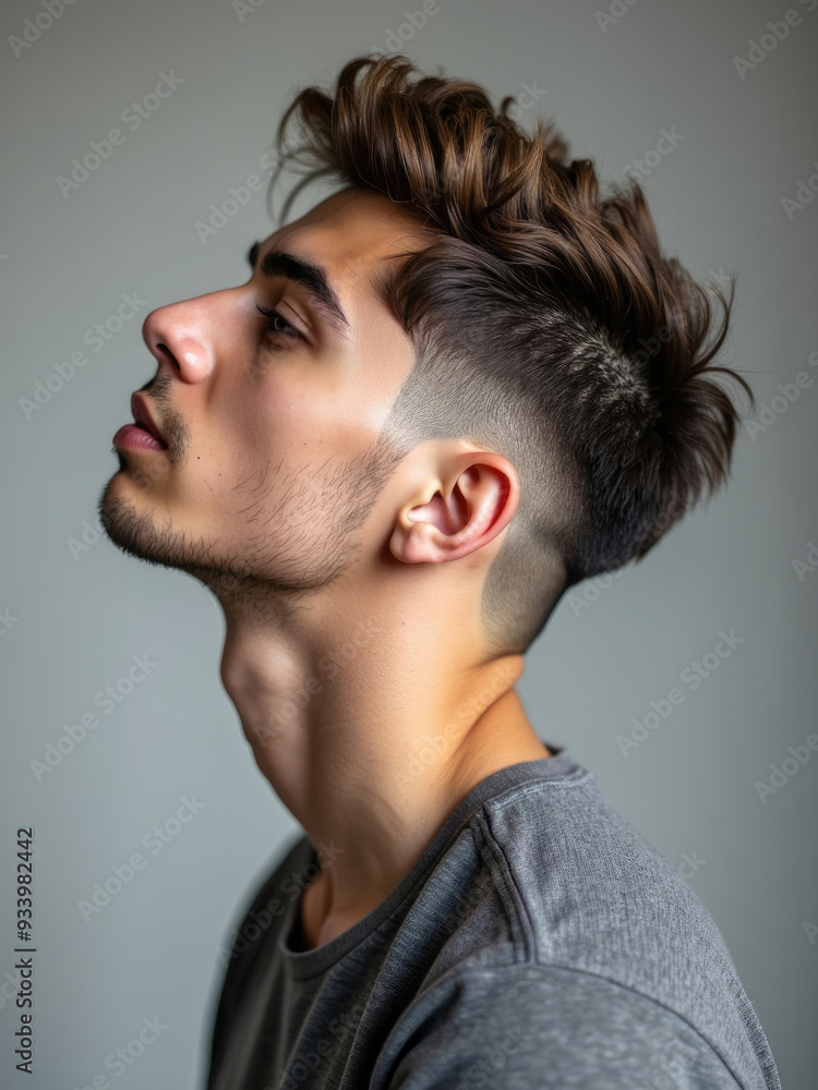 A modern profile view of a person with a stylish mohawk haircut against a plain background, demonstrating contemporary fashion and individualism through a sharp and distinctive hairstyle choice.