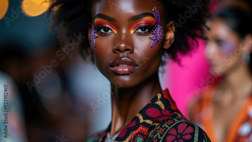 A captivating model with an afro and vibrant makeup parades confidently on the runway, her attire showcasing bold patterns, signifying empowerment and artistic flair in a fashion-forward setting.