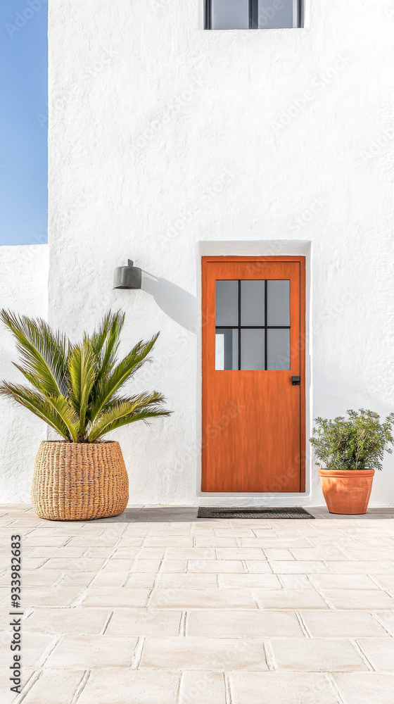 Fototapeta premium Bright Mediterranean exterior with orange door and woven planter