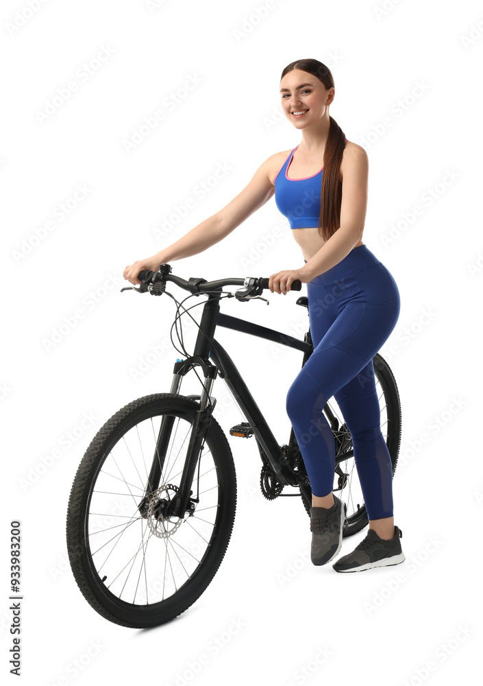 Smiling woman with bicycle isolated on white Smiling woman with bicycle isolated on white