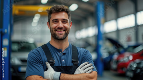 A mechanic wearing black overalls confidently poses in a well-lit automotive workshop, his broad smile reflecting satisfaction and pride in his skilled workmanship and professional environment.