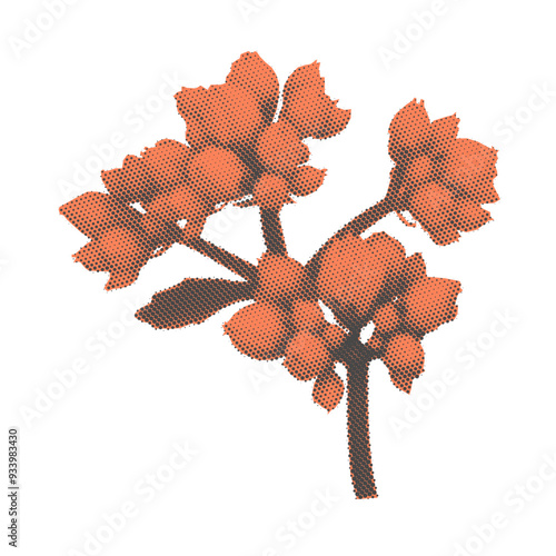 Cutout halftone red flower with a grainy photocopy effect. Dotted scrapbook element for collage design. Vector illustration.	