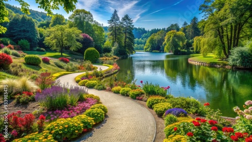 Winding circular path surrounded by lush greenery and vibrant flowers leads to a serene lake, perfect for a peaceful morning stroll on a sunny day.