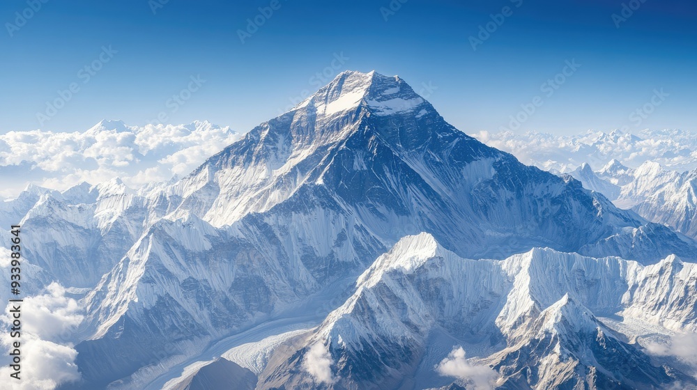 Aerial image of Mount Everest, capturing the stark contrast between its snowy summit and the rocky, treacherous landscape. Aerial image of Mount Everest, capturing the stark contrast between its snowy summit and the rocky, treacherous landscape.