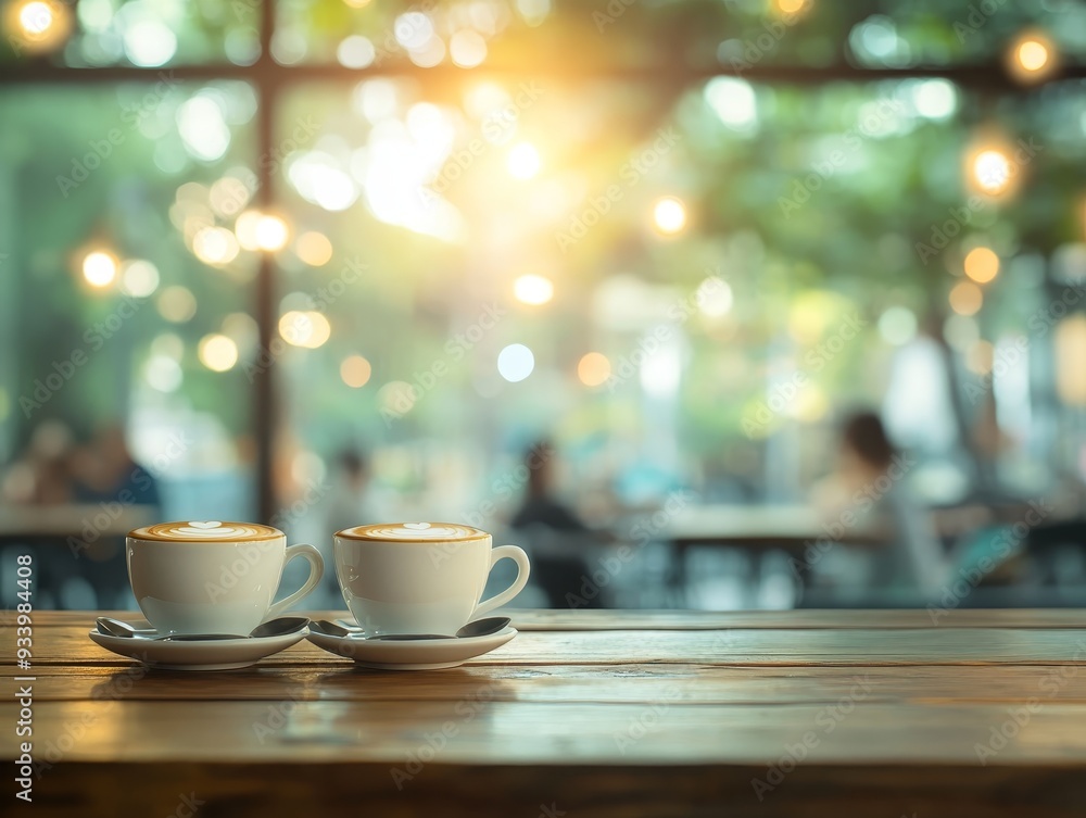 Fototapeta premium Two HeartShaped Latte Art Cups on Wooden Table with Blurred Cafe Background