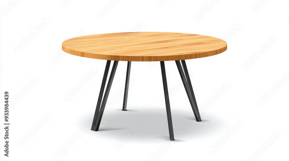 Vector illustration of a round wooden table with metal legs on a white background. Modern dining furniture in minimalist contemporary scandi or japandi style. Vector illustration of a round wooden table with metal legs on a white background. Modern dining furniture in minimalist contemporary scandi or japandi style.