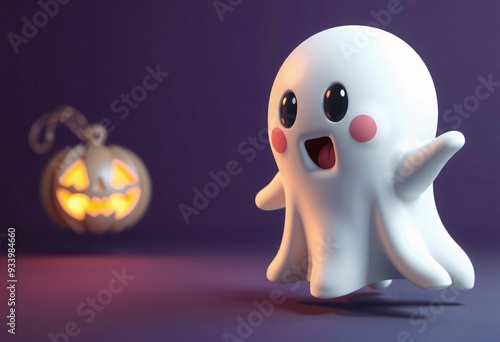 A cute cartoon ghost with a big smile flies towards a glowing jack-o-lantern. photo