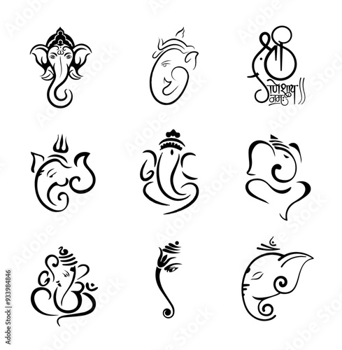 Hand drawn black and white lord ganesha icon illustration for Indian wedding and ganesh Chaturthi festival 