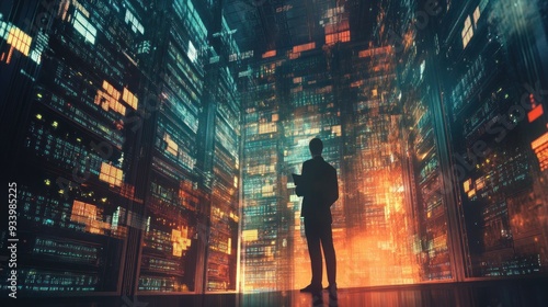 Silhouette of a Man in a Futuristic Server Room photo