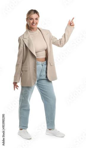 Beautiful woman in stylish jacket on white background