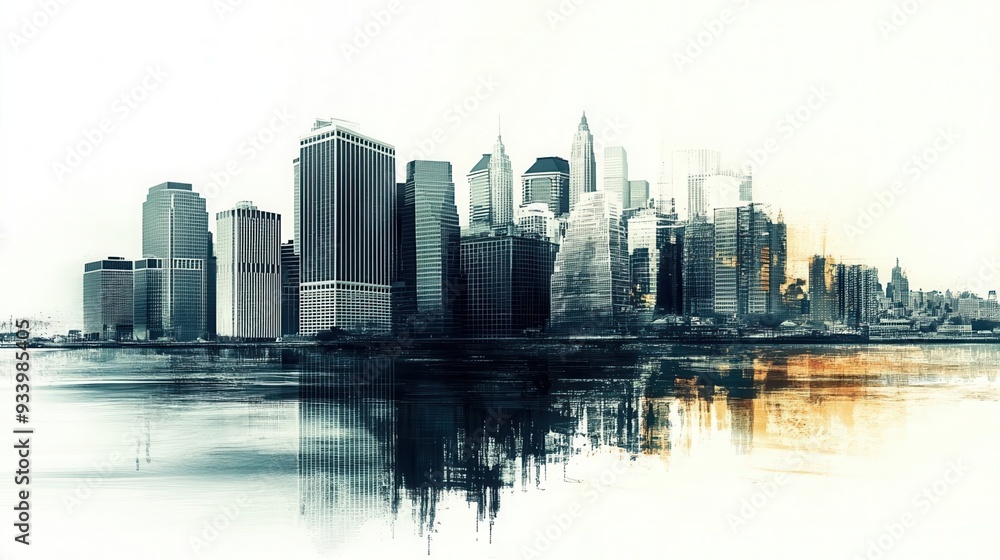 Fototapeta premium A stunning skyline reflection highlighting modern architecture and serene wate