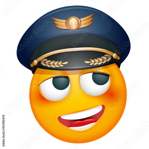 Pilot emoji on white background. Emoticon with captain's cap. Cute emoticon