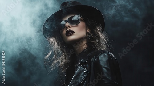 Person in a headtotoe leather ensemble, edgy fashion trend, dark and moody background photo