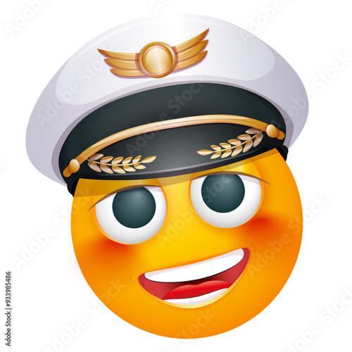 Pilot emoji on white background. Emoticon with captain's cap. Cute emoticon