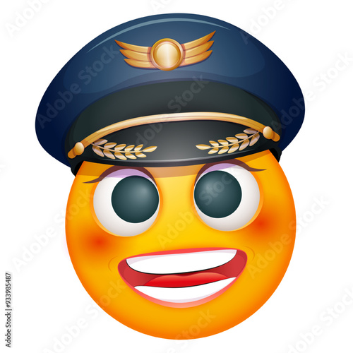Female pilot emoji on white background. Emoticon with captain's cap. Cute emoticon